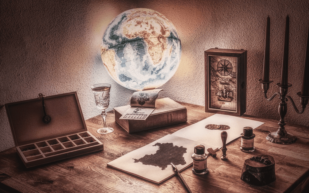 A cartographer's desk featuring papers, pen, ink, and other tools for map-making, a glass of water, a framed decorative compass, and a globe which has light emanating from within it.