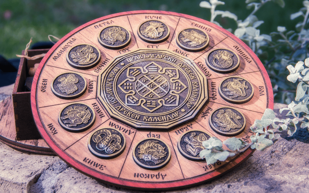 A wooden wheel featuring coins and engravings with various runes, numbers, and animal symbolism.