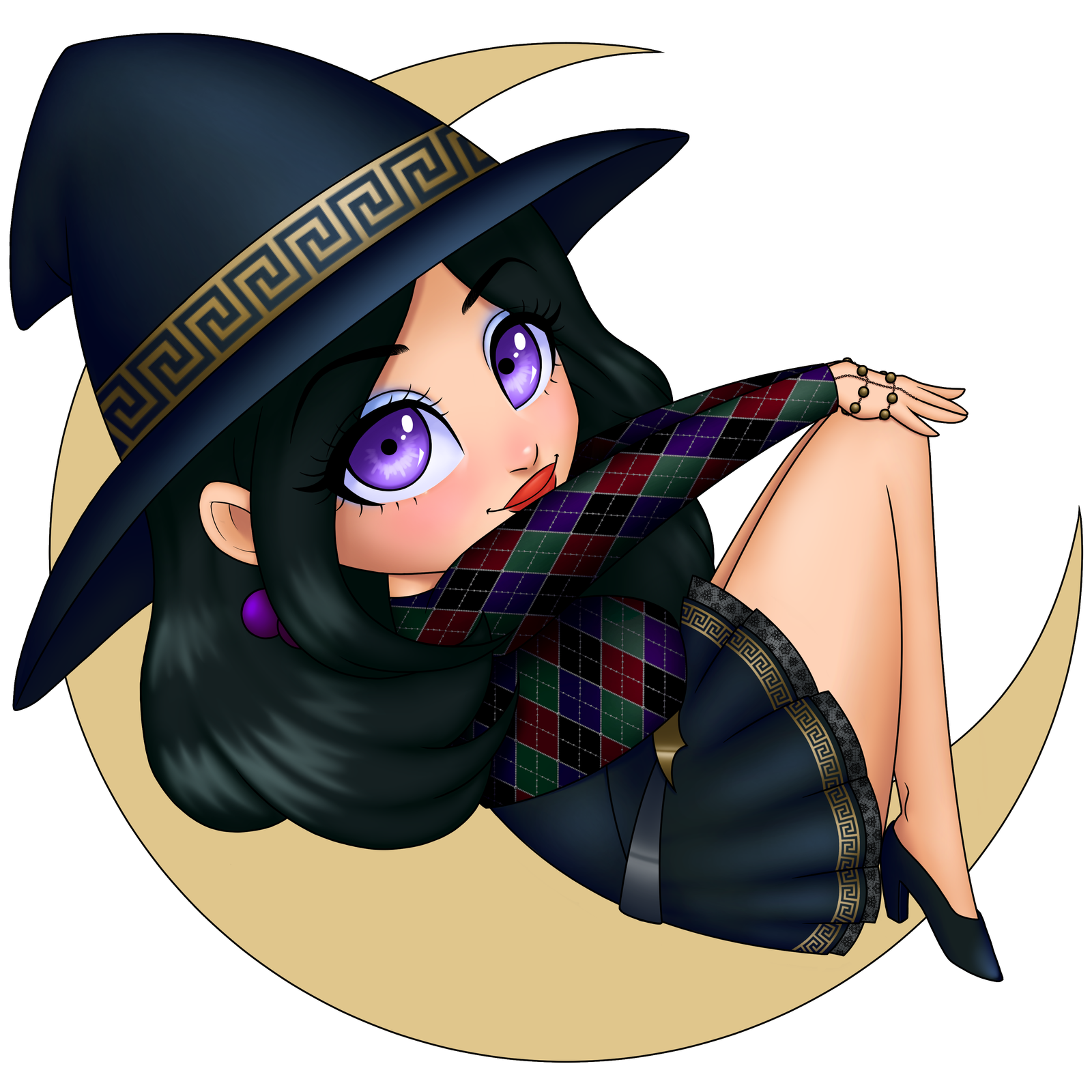 Logo for The Witchy Housewife featuring a chibi-style witch seated on a crescent moon.