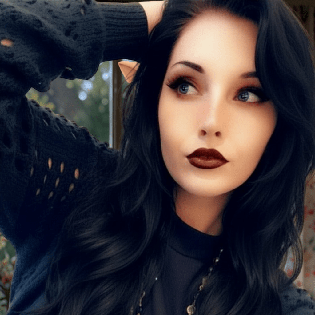 photograph of a young woman with wave black hair, lavender contacts, and prosthetic elf ears looking to the left